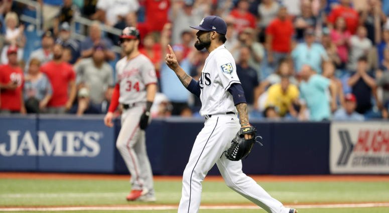 Ray reliever Sergio Romo jaws at Nats outfielder Michael A. Taylor after recording the final out Sergio_Romo_Nationals_Rays