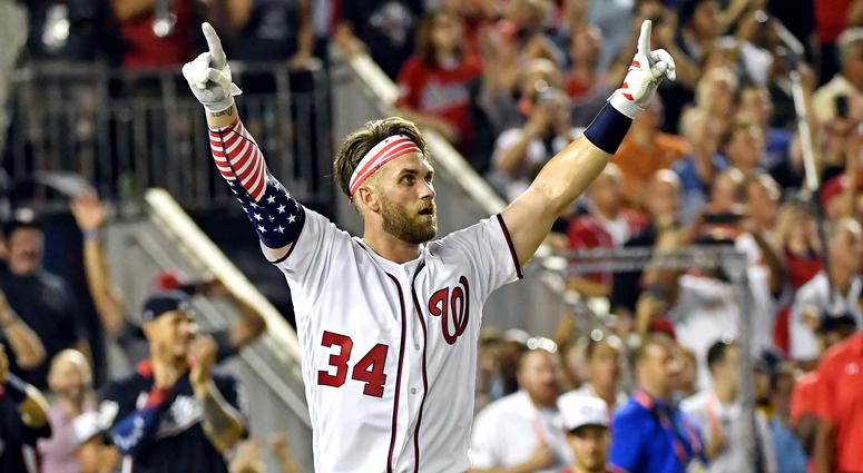 Bryce Harper celebrates winning the 2018 MLB Home Run Derby. Bryce_Harper_Home_Run_Derby