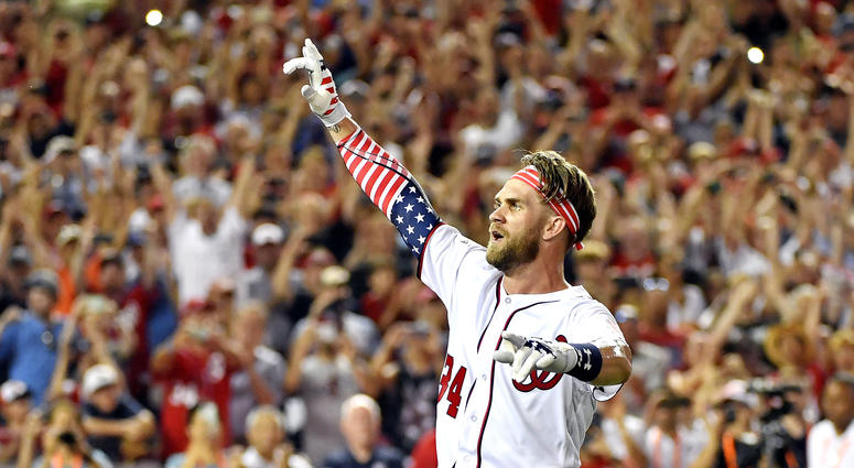 Bryce Harper celebrates winning the Home Run Derby at Nationals Park. Bryce_Harper_Nationals