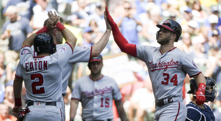 Bryce Harper celebrates a homer with teammates Adam_Eaton_Bryce_Harper