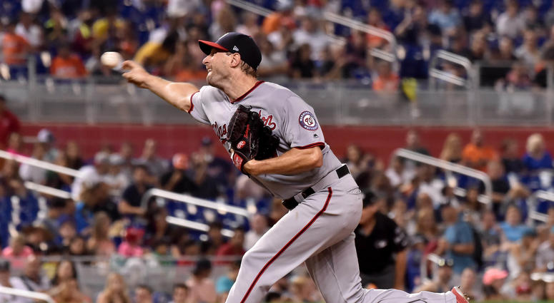 Max Scherzer pitches against the Miami Marlins. Max_Scherzer_Marlins