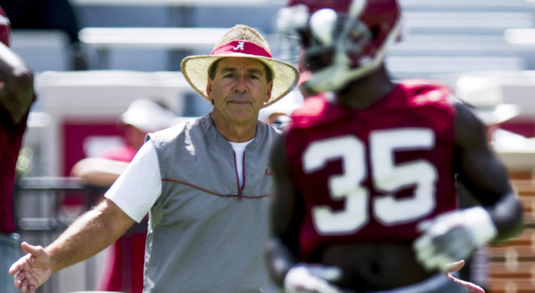 Nick Saban questions an Alabama player at practice Nick_Saban