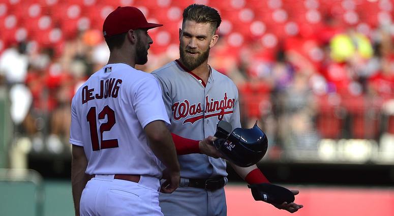Bryce Harper talks with Paul DeJong of the St. Louis Cardinals. Bryce_Harper_Paul_DeJong