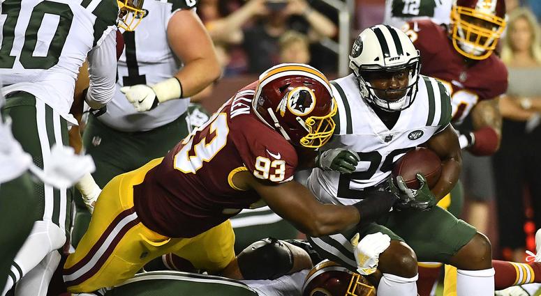 Jonathan Allen tackles Jets running back Bilal Powell. Jonathan_Allen_Tackle