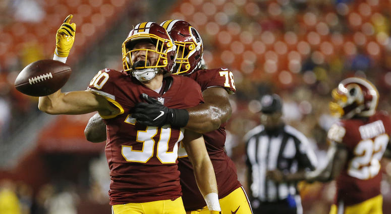 Troy Apke celebrates making an interception against the Jets Troy_Apke_Redskins