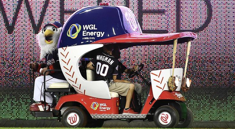 Nationals mascot Screech sits in the WGL Energy bullpen cart Nationals_Bullpen_Cart