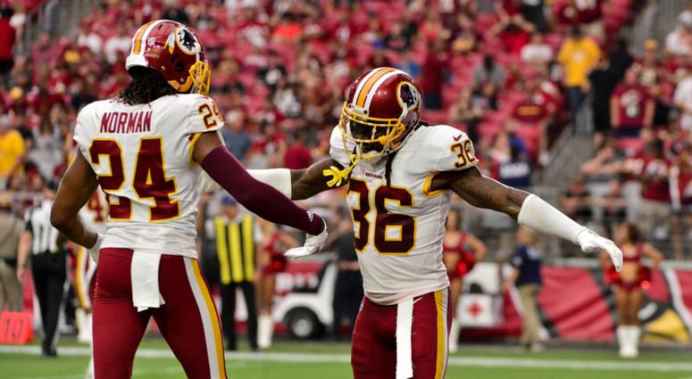 D.J. Swearinger and Josh Norman celebrate after stopping the Cardinals on the goal line. DJ_Swearinger_Redskins