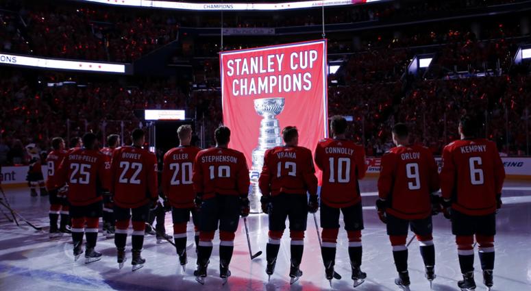 The Capitals watch as the Stanley Cup championship banner is raised. Capitals_Banner_Raising