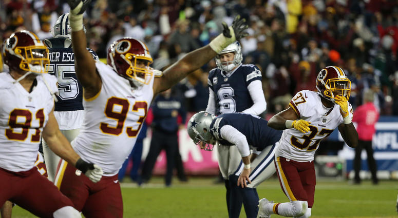 Redskins teammates jump for joy as Dallas Cowboys kicker Brett Maher missed the game-tying field goal at FedEx Field, sealing a 20-17 Redskins victory Brett_Maher_Missed_Field_Goal