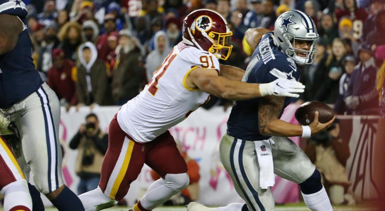 Redskins linebacker Ryan Kerrigan strip-sacks Dak Prescott in the end zone. Preston Smith would scoop the ball up for the easy touchdown. Ryan_Kerrigan_Strip_Sack