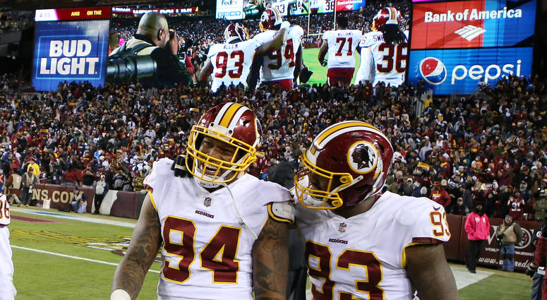 Preston Smith celebrates with Jonathan Allen after recovering a fumble for a fourth-quarter touchdown Preston_Smith_Jonathan_Allen