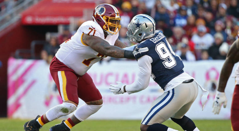 Redskins tackle Trent Williams protects the quarterback. Trent_Williams_Redskins