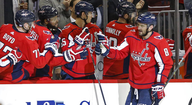 Alex Ovechkin celebrates a goal with teammates. Capitals_Goal_Ovechkin
