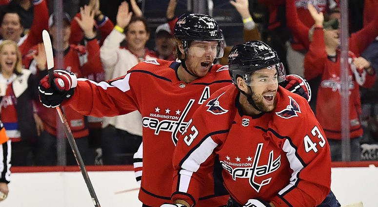 Tom Wilson celebrates with Nicklas Backstrom after scoring a first-period goal against the Blackhawks Tom_Wilson_Capitals