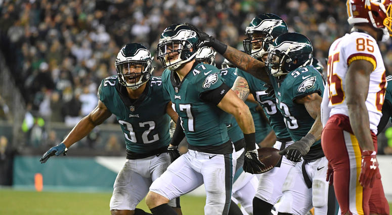 Eagles LB Nate Gerry celebrates a fourth-quarter interception against the Redskins Redskins_Eagles