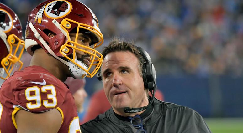 Jim Tomsula talks with Redskins defensive end Jonathan Allen Redskins' Tomsula, Callahan could follow Ben Kotwica out the door