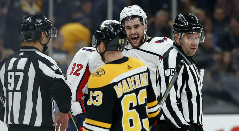 Capitals forward Tom Wilson jaws with Brad Marchand. Tom_Wilson_Capitals