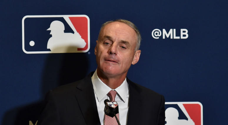 MLB Commissioner Rob Manfred addresses the media Sunday. MLB Commissioner Rob Manfred and MLBPA director Tony Clark in war of words.