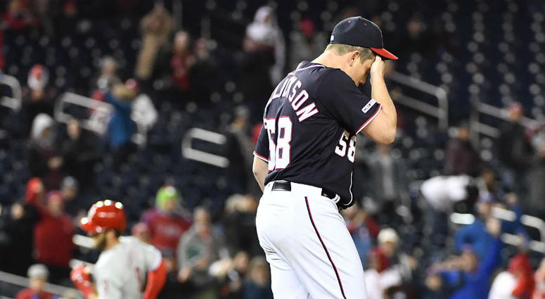 Jeremy Hellickson reacts to giving up a home run. The Washington Nationals bullpen has struggled mightily.