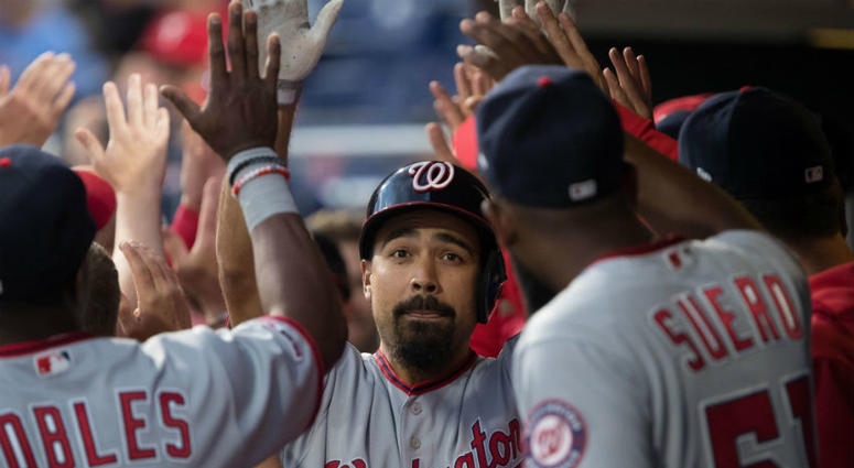 Anthony Rendon celebrates an RBI. The Washington Nationals are some cabbage smashing kings.