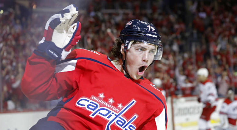 Capitals forward T.J. Oshie celebrates his goal in Game 2. Crowd at Game 5 chants for T.J. Oshie.