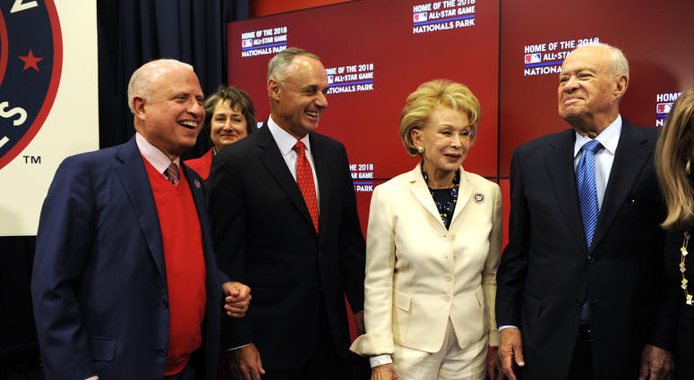 Mark Lerner (far left) and Ted Lerner (far right) at 2018 All-Star Game announcement Mark_Ted_Lerner