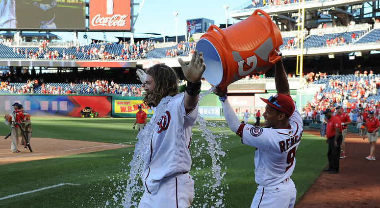 Jayson Werth doused with water after a walk-off hit in 2016 Jayson_Werth_DC_Strangler