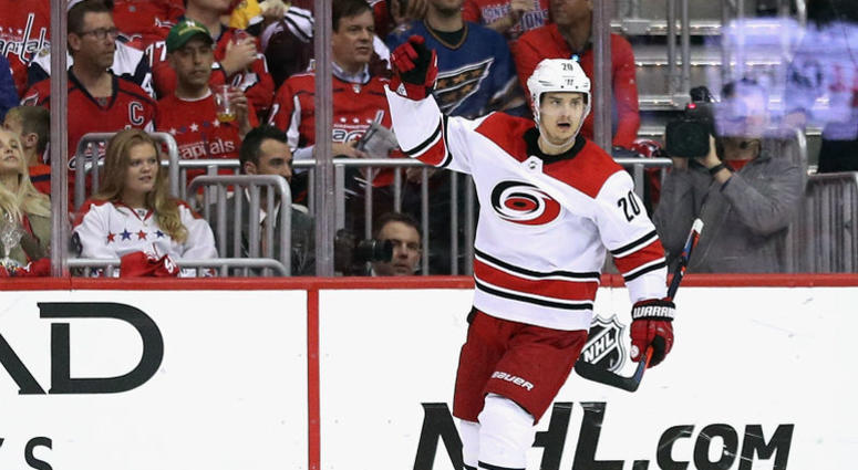Sebastian Aho celebrates after scoring a short-handed goal on Braden Holtby in the second period Game 7: Hurricanes come to life in second period