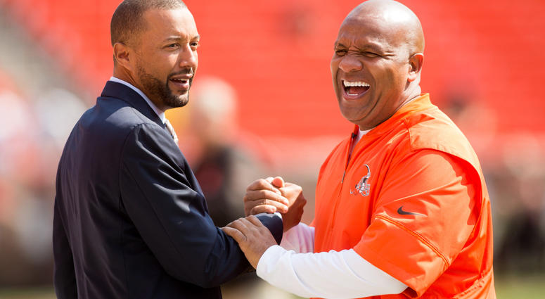 Sep 10, 2017; Cleveland, OH, USA; Cleveland Browns executive vice president of football operations Sashi Brown, left, shakes hands with head coach Hue Jackson before the game at FirstEnergy Stadium. Mandatory Credit: Scott R. Galvin-USA TODAY Sports Sep 10, 2017; Cleveland, OH, USA; Cleveland Browns executive vice president of football operations Sashi Brown, left, shakes hands with head coach Hue Jackson before the game at FirstEnergy Stadium. Mandatory Credit: Scott R. Galvin-USA TODAY Sports
