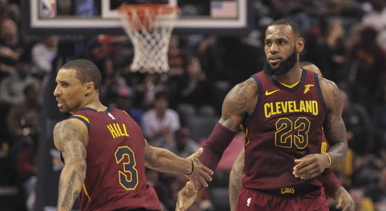Feb 23, 2018; Memphis, TN, USA; Cleveland Cavaliers guard George Hill (3) and forward LeBron James (23) celebrate during the first half against the Memphis Grizzlies at FedExForum. Mandatory Credit: Justin Ford-USA TODAY Sports