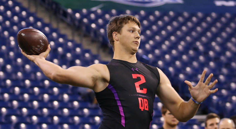 Mar 3, 2018; Indianapolis, IN, USA; Wyoming Cowboys quarterback Josh Allen throws a pass during the 2018 NFL Combine at Lucas Oil Stadium. Mandatory Credit: Brian Spurlock-USA TODAY Sports