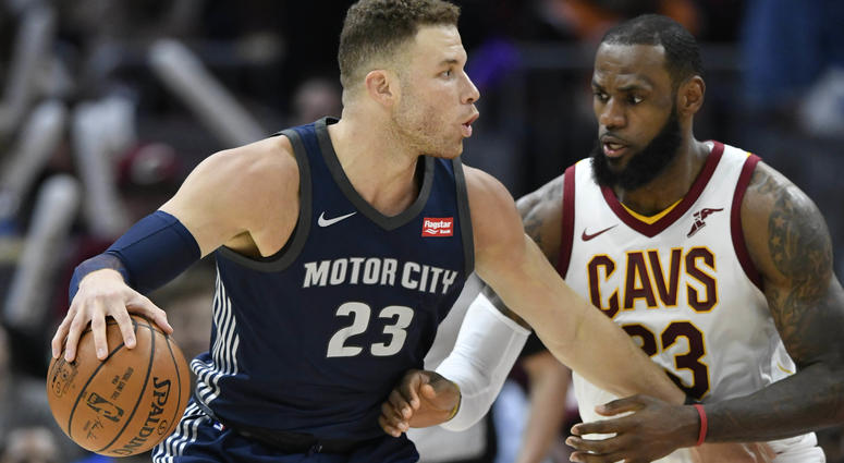 Mar 5, 2018; Cleveland, OH, USA; Cleveland Cavaliers forward LeBron James (23) defends Detroit Pistons forward Blake Griffin (23) in the third quarter at Quicken Loans Arena. Mandatory Credit: David Richard-USA TODAY Sports