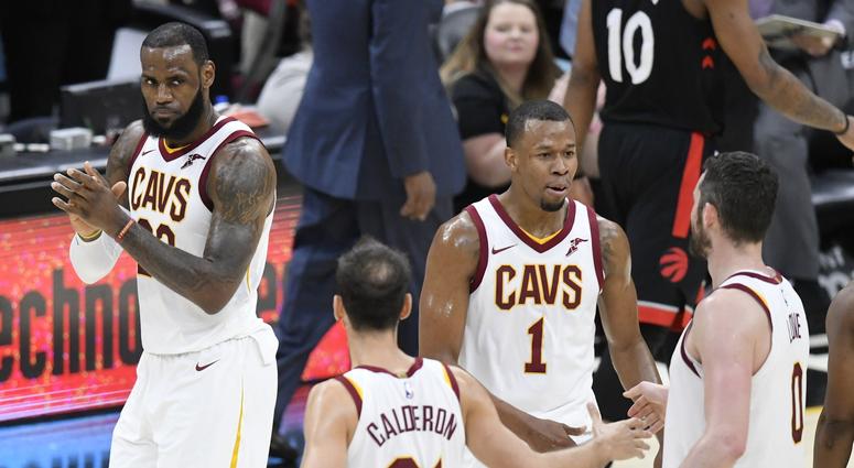 Cavaliers forward LeBron James (23) celebrates with guard Jose Calderon (81), guard Rodney Hood (1) and center Kevin Love (0) in the second quarter against the Toronto Raptors at Quicken Loans Arena. Cavaliers forward LeBron James (23) celebrates with guard Jose Calderon (81), guard Rodney Hood (1) and center Kevin Love (0) in the second quarter against the Toronto Raptors at Quicken Loans Arena.