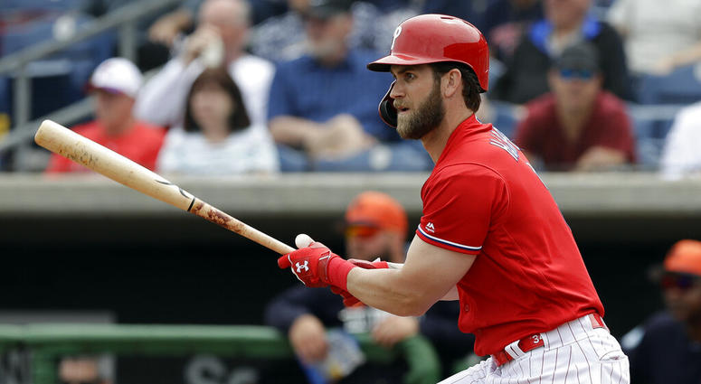 Philadelphia Phillies' Bryce Harper watches his single off Detroit Tigers starting pitcher Spencer Turnbull during the fourth inning of a spring training baseball game Wednesday, March 20, 2019, in Clearwater, Fla. (AP Photo/Chris O'Meara) Philadelphia Phillies' Bryce Harper watches his single off Detroit Tigers starting pitcher Spencer Turnbull during the fourth inning of a spring training baseball game Wednesday, March 20, 2019, in Clearwater, Fla. (AP Photo/Chris O'Meara)