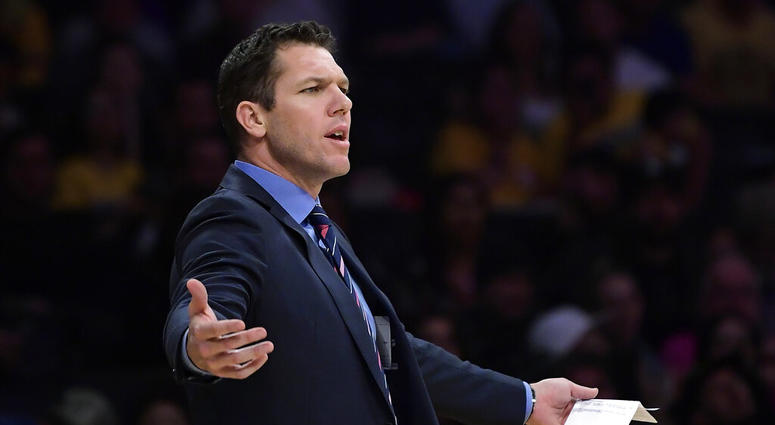 Los Angeles Lakers coach Luke Walton gestures during the second half of the team's NBA basketball game against the Portland Trail Blazers on Tuesday, April 9, 2019, in Los Angeles. The Trail Blazers won 104-101. (AP Photo/Mark J. Terrill) Los Angeles Lakers coach Luke Walton gestures during the second half of the team's NBA basketball game against the Portland Trail Blazers on Tuesday, April 9, 2019, in Los Angeles. The Trail Blazers won 104-101. (AP Photo/Mark J. Terrill)