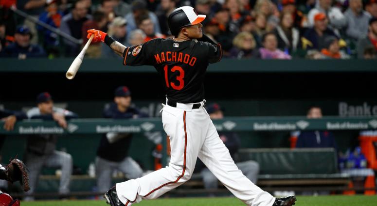Baltimore Orioles' Manny Machado watches his solo home run in the fourth inning of a baseball game against the Cleveland Indians, Friday, April 20, 2018, in Baltimore. Baltimore Orioles' Manny Machado watches his solo home run in the fourth inning of a baseball game against the Cleveland Indians, Friday, April 20, 2018, in Baltimore.