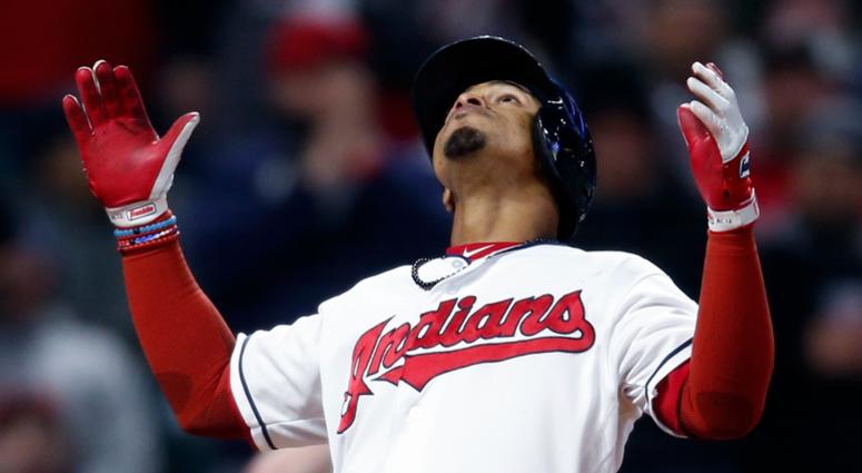 Cleveland Indians' Francisco Lindor celebrates after hitting a solo home run off Chicago Cubs starting pitcher Jon Lester during the sixth inning in a baseball game Wednesday, April 25, 2018, in Cleveland. Cleveland Indians' Francisco Lindor celebrates after hitting a solo home run off Chicago Cubs starting pitcher Jon Lester during the sixth inning in a baseball game Wednesday, April 25, 2018, in Cleveland.