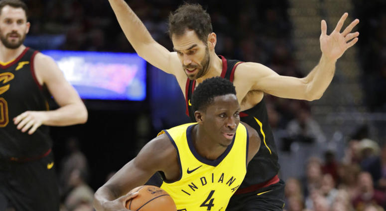 Indiana Pacers' Victor Oladipo (4) drive past Cleveland Cavaliers' Jose Calderon (81), from Spain, in the second half of Game 5 of an NBA basketball first-round playoff series, Wednesday, April 25, 2018, in Cleveland. The Cavaliers won 98-95. (AP Photo/To Indiana Pacers' Victor Oladipo (4) drive past Cleveland Cavaliers' Jose Calderon (81), from Spain, in the second half of Game 5 of an NBA basketball first-round playoff series, Wednesday, April 25, 2018, in Cleveland. The Cavaliers won 98-95. (AP Photo/To