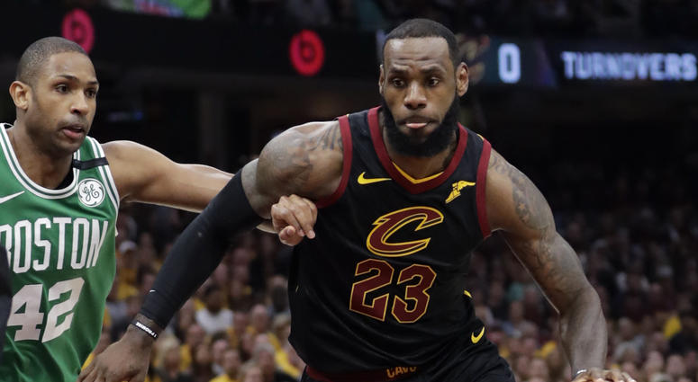 Cleveland Cavaliers' LeBron James (23) drives past Boston Celtics' Al Horford (42), from Dominican Republic, in the first half of Game 4 of the NBA basketball Eastern Conference finals, Monday, May 21, 2018, in Cleveland. Cleveland Cavaliers' LeBron James (23) drives past Boston Celtics' Al Horford (42), from Dominican Republic, in the first half of Game 4 of the NBA basketball Eastern Conference finals, Monday, May 21, 2018, in Cleveland.