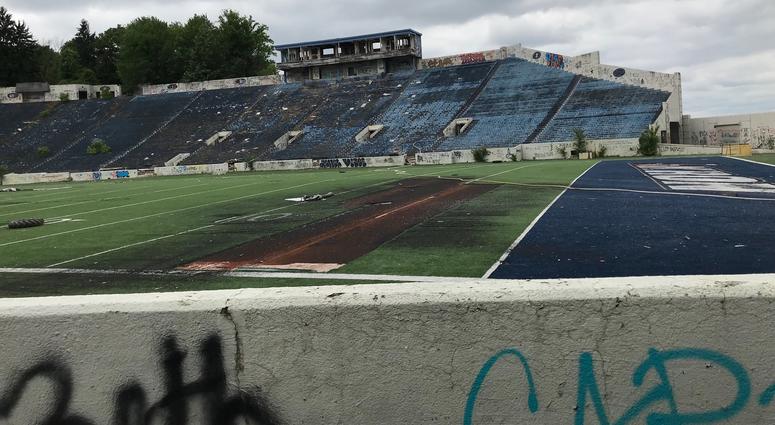 In this June 6, 2018 photo, the abandoned Akron Rubber Bowl stadium is pictured in Akron, Ohio. Part of the historic stadium is being torn down starting next week because it’s a public health hazard. In this June 6, 2018 photo, the abandoned Akron Rubber Bowl stadium is pictured in Akron, Ohio. Part of the historic stadium is being torn down starting next week because it’s a public health hazard.