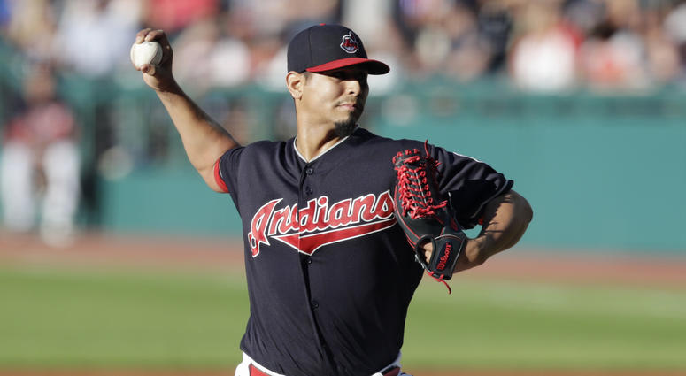 Cleveland Indians starting pitcher Carlos Carrasco delivers in the first inning of a baseball game against the Oakland Athletics, Friday, July 6, 2018, in Cleveland. Cleveland Indians starting pitcher Carlos Carrasco delivers in the first inning of a baseball game against the Oakland Athletics, Friday, July 6, 2018, in Cleveland.