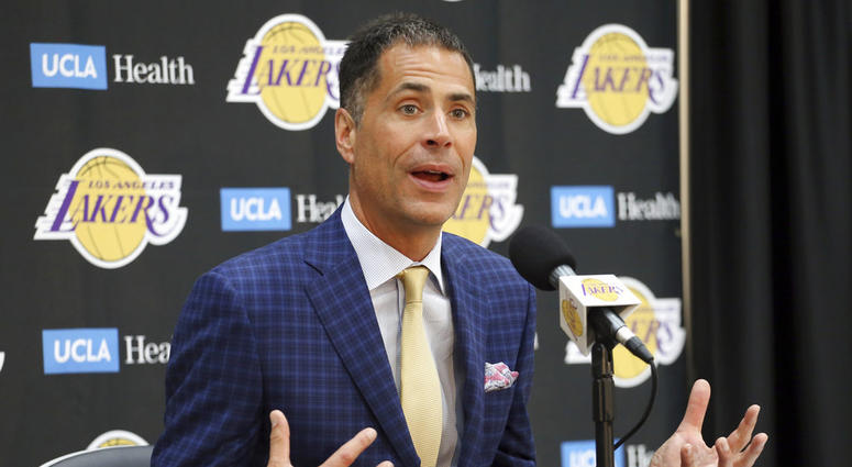 Los Angeles Lakers general manager Rob Pelinka talks about the acquisition of LeBron James and other free agents at a news conference at the NBA basketball team's headquarters in El Segundo, Calif., Wednesday, July 11, 2018. Los Angeles Lakers general manager Rob Pelinka talks about the acquisition of LeBron James and other free agents at a news conference at the NBA basketball team's headquarters in El Segundo, Calif., Wednesday, July 11, 2018.