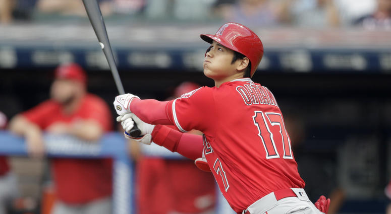 Los Angeles Angels' Shohei Ohtani watches his two-run home run off Cleveland Indians starting pitcher Mike Clevinger during the first inning of a baseball game Friday, Aug. 3, 2018, in Cleveland. Los Angeles Angels' Shohei Ohtani watches his two-run home run off Cleveland Indians starting pitcher Mike Clevinger during the first inning of a baseball game Friday, Aug. 3, 2018, in Cleveland.