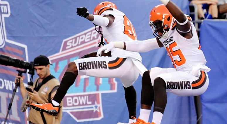 Cleveland Browns' David Njoku (85) celebrates with Rashard Higgins (81) after scoring a touchdown during the first half of a preseason NFL football game against the New York Giants, Thursday, Aug. 9, 2018, in East Rutherford, N.J. Cleveland Browns' David Njoku (85) celebrates with Rashard Higgins (81) after scoring a touchdown during the first half of a preseason NFL football game against the New York Giants, Thursday, Aug. 9, 2018, in East Rutherford, N.J.