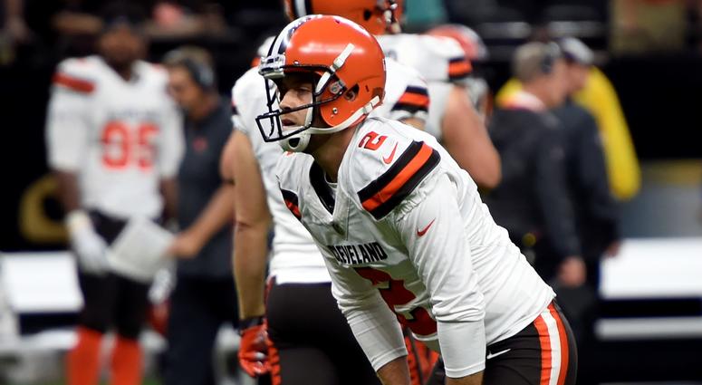 Cleveland Browns kicker Zane Gonzalez reacts after missing an extra point during the second half of an NFL football game against the New Orleans Saints, in New Orleans Sunday, Sept. 16, 2018. Cleveland Browns kicker Zane Gonzalez reacts after missing an extra point during the second half of an NFL football game against the New Orleans Saints, in New Orleans Sunday, Sept. 16, 2018.