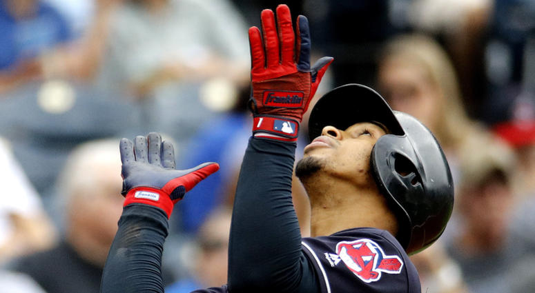 Cleveland Indians' Francisco Lindor celebrates as he crosses the plate after hitting a solo home run during the third inning of a baseball game against the Kansas City Royals Sunday, Sept. 30, 2018, in Kansas City, Mo. Cleveland Indians' Francisco Lindor celebrates as he crosses the plate after hitting a solo home run during the third inning of a baseball game against the Kansas City Royals Sunday, Sept. 30, 2018, in Kansas City, Mo.