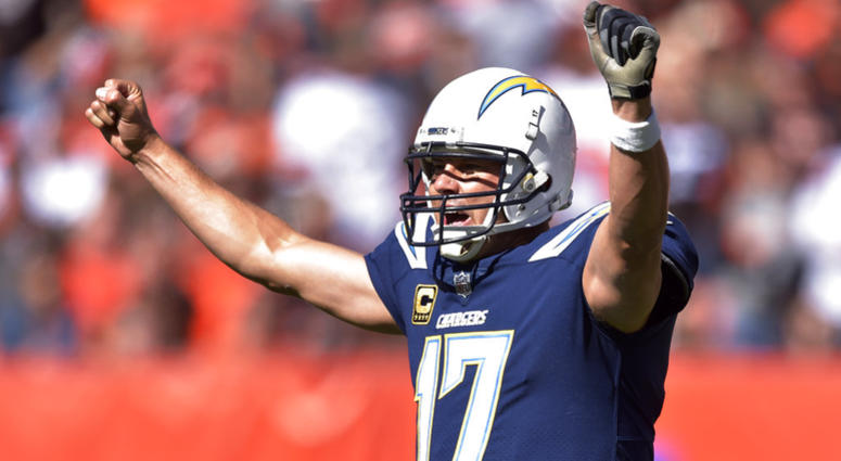 Los Angeles Chargers quarterback Philip Rivers celebrates a touchdown in the first half during an NFL football game against the Los Angeles Chargers, Sunday, Oct. 14, 2018, in Cleveland. Los Angeles Chargers quarterback Philip Rivers celebrates a touchdown in the first half during an NFL football game against the Los Angeles Chargers, Sunday, Oct. 14, 2018, in Cleveland. (AP Photo/David Richard)