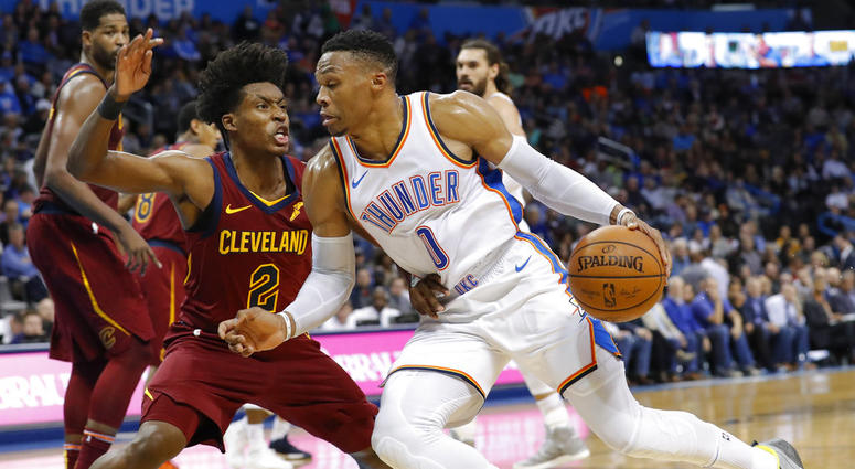 Oklahoma City Thunder guard Russell Westbrook (0) drives to the basket around Cleveland Cavaliers guard Collin Sexton (2) during the second half of an NBA basketball game in Oklahoma City, Wednesday, Nov. 28, 2018. Oklahoma City won 100-83. (AP Photo/Alon Oklahoma City Thunder guard Russell Westbrook (0) drives to the basket around Cleveland Cavaliers guard Collin Sexton (2) during the second half of an NBA basketball game in Oklahoma City, Wednesday, Nov. 28, 2018. Oklahoma City won 100-83. (AP Photo/Alon