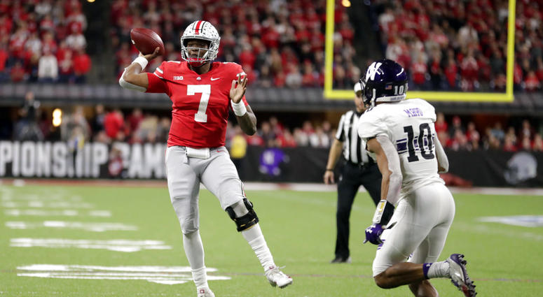 Ohio State quarterback Dwayne Haskins (7) throws as Northwestern defensive back Alonzo Mayo (10) defends during the second half of the Big Ten championship NCAA college football game, Saturday, Dec. 1, 2018, in Indianapolis. (AP Photo/Michael Conroy) Ohio State quarterback Dwayne Haskins (7) throws as Northwestern defensive back Alonzo Mayo (10) defends during the second half of the Big Ten championship NCAA college football game, Saturday, Dec. 1, 2018, in Indianapolis. (AP Photo/Michael Conroy)