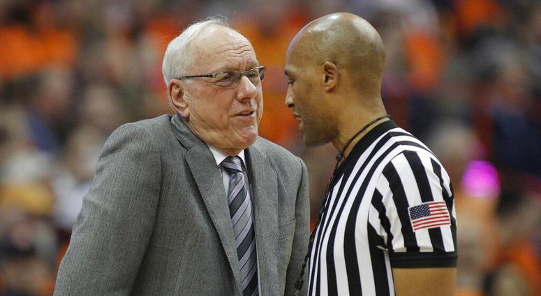 Syracuse head coach Jim Boeheim, left, talks to an official about a call during the second half of an NCAA college basketball game against Louisville in Syracuse, N.Y., Wednesday, Feb. 20, 2019. Syracuse won 69-49. (AP Photo/Nick Lisi) Syracuse head coach Jim Boeheim, left, talks to an official about a call during the second half of an NCAA college basketball game against Louisville in Syracuse, N.Y., Wednesday, Feb. 20, 2019. Syracuse won 69-49. (AP Photo/Nick Lisi)